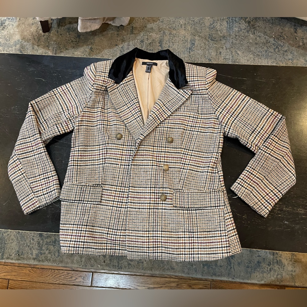 Forever 21 Plaid Blazer Jacket Black Velvet Collared Double